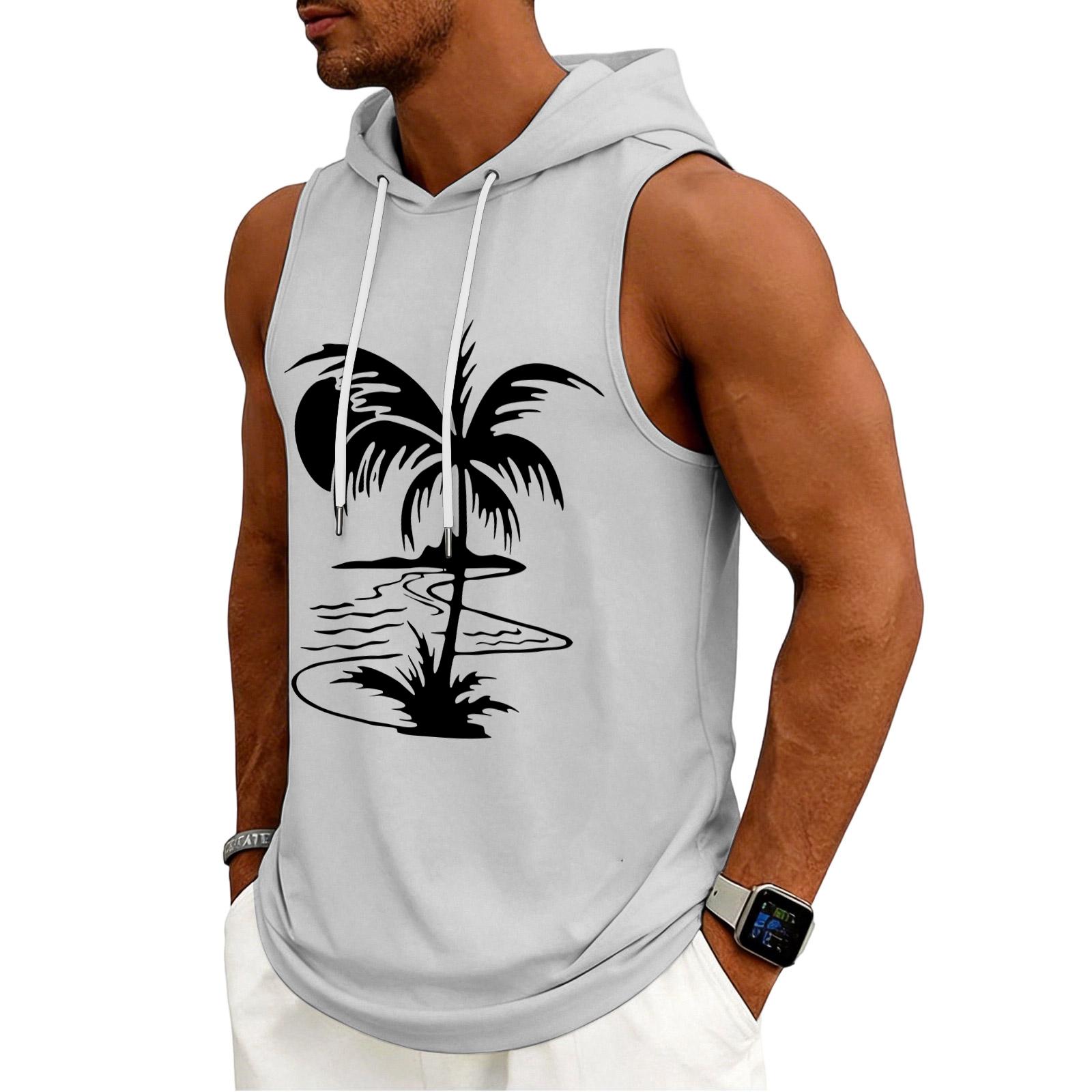 

Mens Sleeveless Hooded Tank Top Pullover with Drawstring and Tree Print Relaxed Fit Lightweight Design M білий
