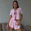 Summer Women short sleeve crop top and shorts 2 Piece Set Pajamas female casual slim Hollow lace up Sleepwear pink Cardigan Pyamas Set homewear