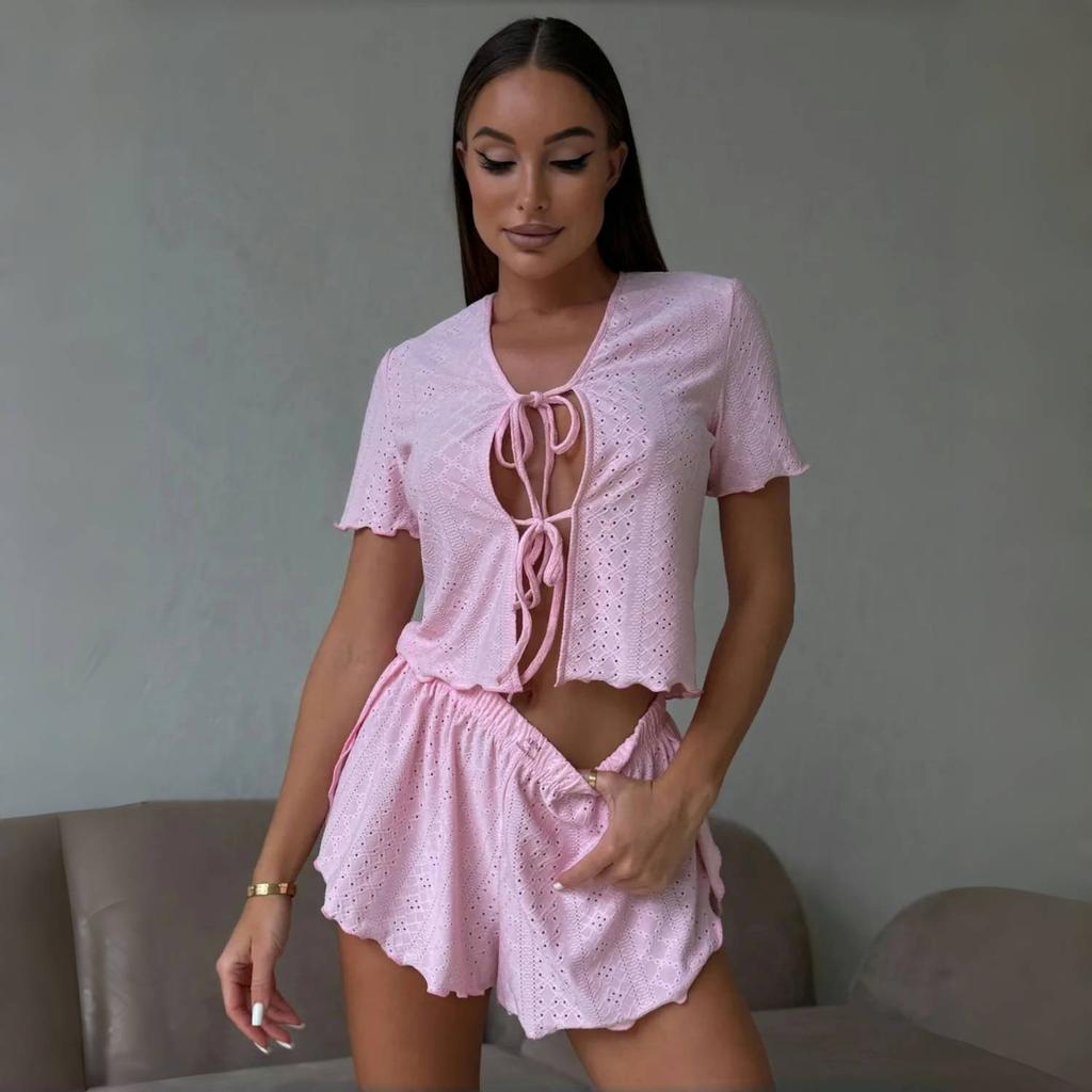 Summer Women short sleeve crop top and shorts 2 Piece Set Pajamas female casual slim Hollow lace up Sleepwear pink Cardigan Pyamas Set homewear