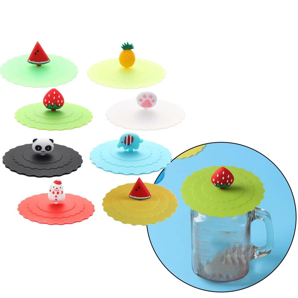 8Pcs Silicone Drink Cup Lids 10cm Creative Round Mug Cover Reusable Anti Dust Cup Covers Cartoon Coffee Mug Lid