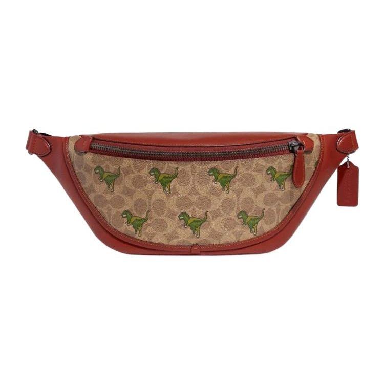 Coach League 41 Classic Cartoon Dinosaur Print Zipper Closure Leather Shoulder Crossbody Chest Waist Bag Large Men Bags Brown-Yellow Rust CF078-NU3