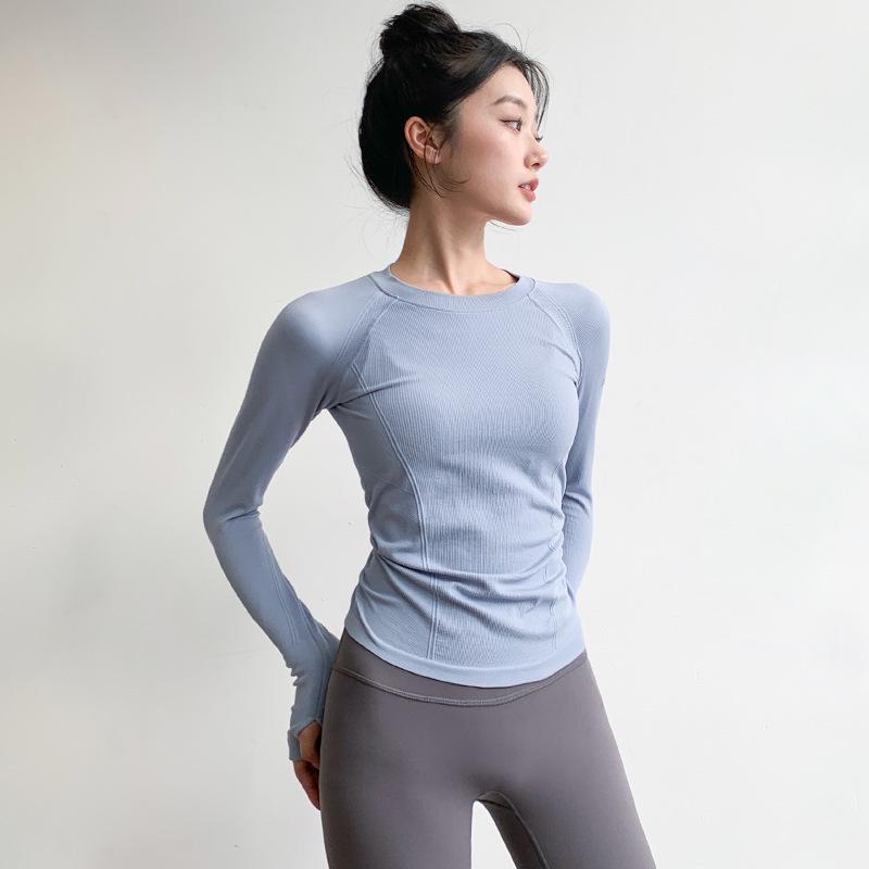 Women's Quick-Dry Long Sleeve Yoga Top - Round Neck, Tight Fit, Ideal for Running & Pilates