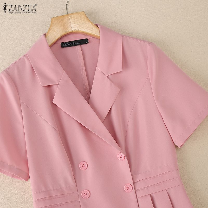 ZANZEA Vestido feminino casual gola virada para baixo verão manga curta