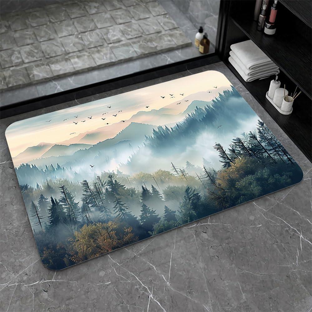 Natural Forest Waterfall Print Door Mat Rectangular Non-Slip Entrance Rug Entryway Living Room Bedroom Kitchen Decor Carpet
