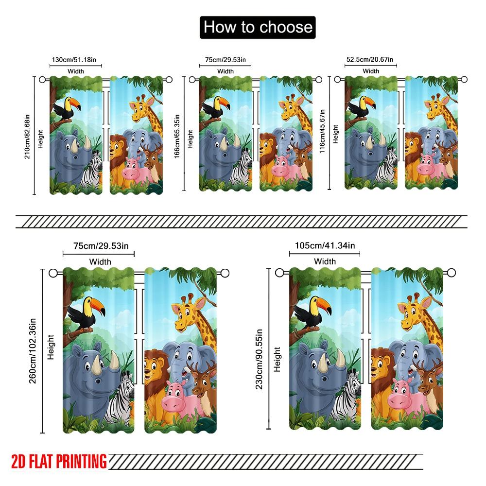Set Of 2 Flat Printing Party Curtain Cute Cartoon Safari Animals Polyester Without Electricity Festive Holiday Perfect Home