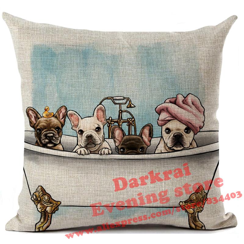 Federa per Cuscino in Lino Stampata Bulldog Francese Divertente Decorazione per la Casa Federa per Cuscino Decorazione Soggiorno Cuscini Decorativi 45X45Cm