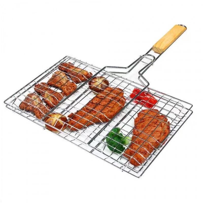 Rete per Griglia Barbecue Pieghevole Per Hamburger Barbecue Solida Placcatura Ferrolettrica Manico in Legno Resistente al Calore Per Barbecue all'Aperto