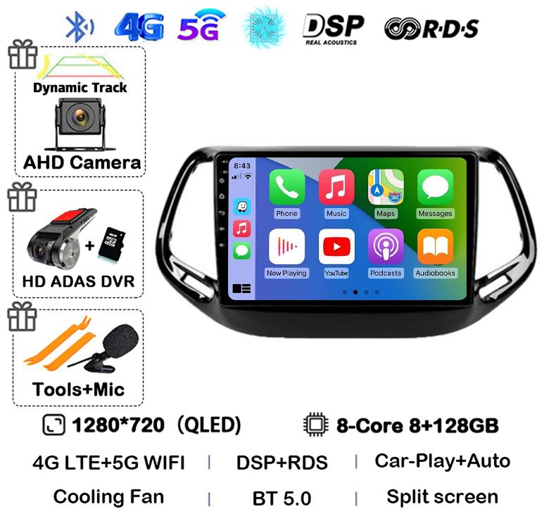Android 14 Carplay Auto Car Radio For Jeep Compass 2017 2018 2019 GPS Navigation Stereo Multimedia Video Player 360 Camera WIFI