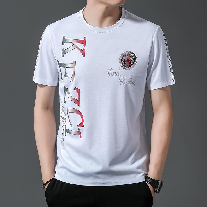 Zomer Heren Korte Mouw Mode Onderhemd voor Jonge en Middelbare Leeftijd Bedrukt Ronde Hals T-shirt Halve Mouw Top L white