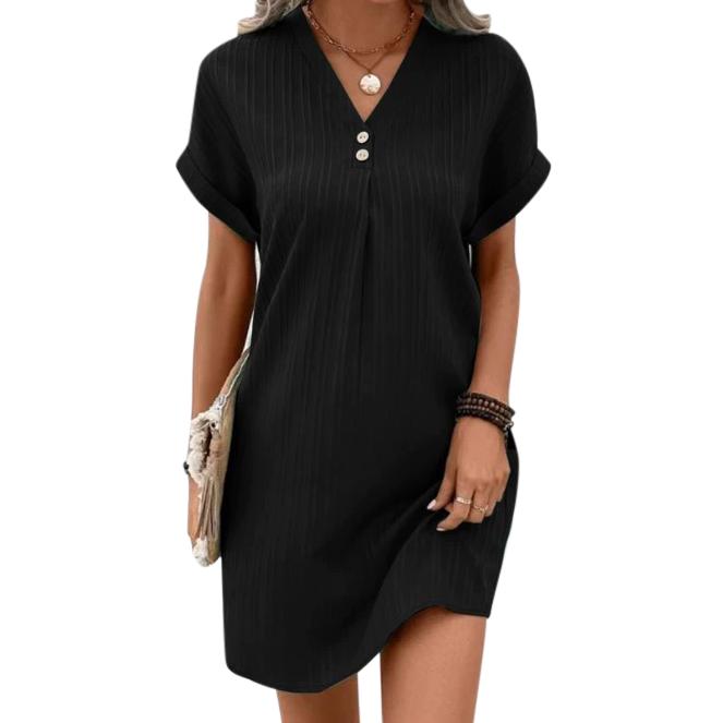 Women Solid Color V-neck Short Sleeve Dress Casual Dress