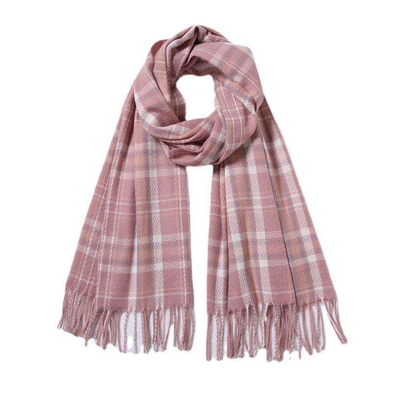 Women's Winter Plaid Imitation Cashmere Tassel Scarf, Thickened Korean Style Neck Warmer