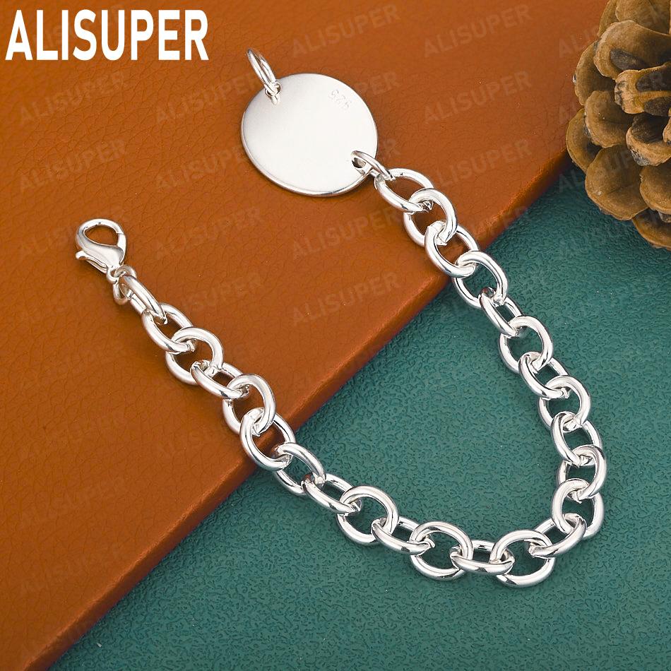 925 Sterling Silver Simple Oval Disc Side Chain Atmospheric Bracelet Gift Jewelry 20CM