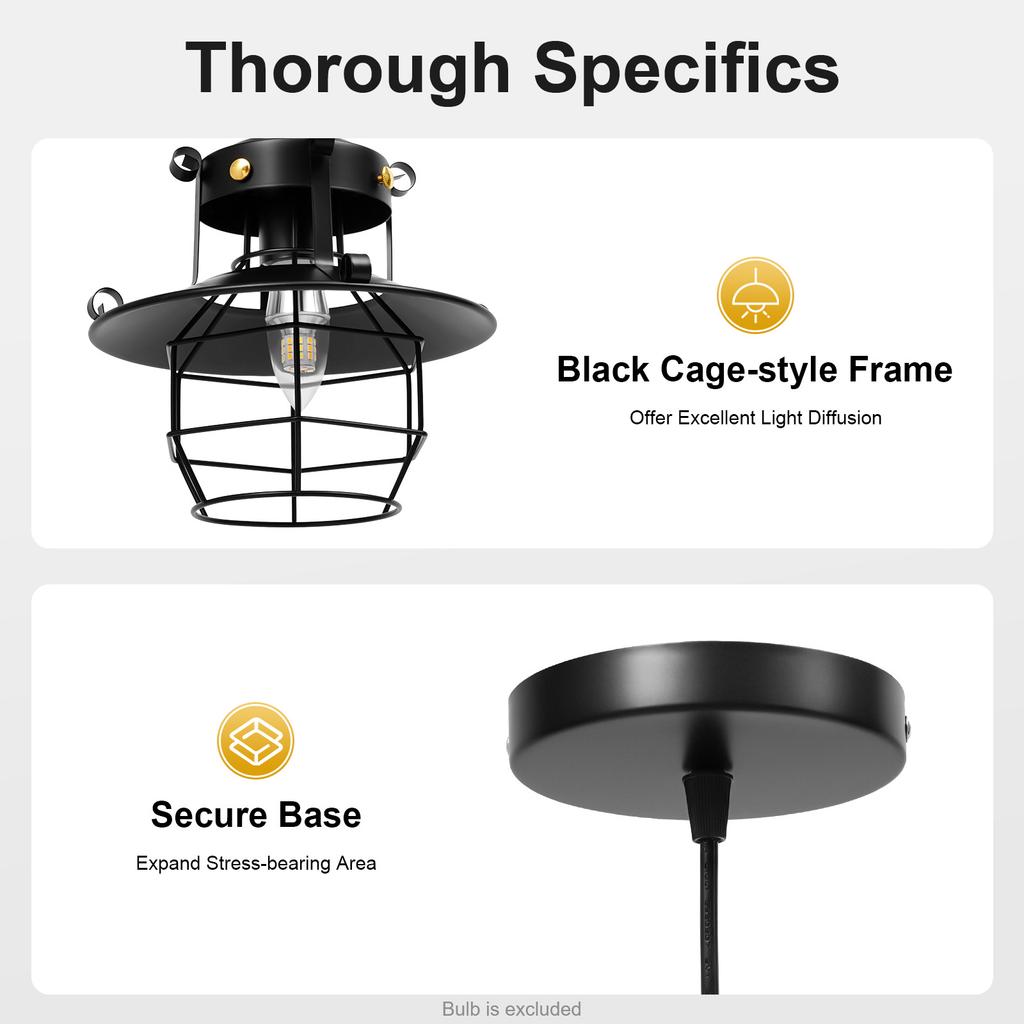 Industrial Cage Pendant Light Black, Kitchen Island Lighting, E26/E27 Bulb, Adjustable Cord, for Cafe Home Dining Room