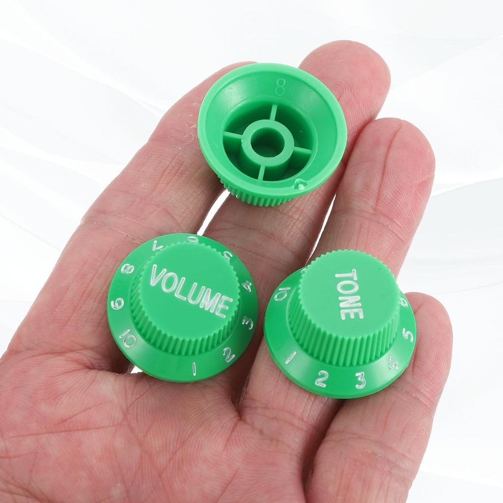 uxcell Set Metric Top Hat Bell Knobs 1 Volume 2 Tone Control Guitar Knob Set for Electric Guitar Bass Split Shaft Pots Green White 3-Piece