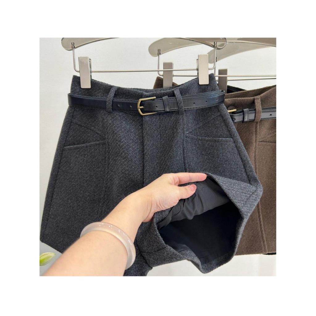 Plus Size Gray Woolen Wide-Leg High-Waisted A-Line Shorts for Women - Petite Slimming Casual Pants for Spring/Autumn
