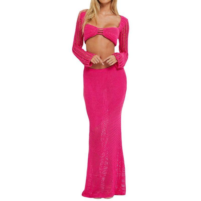 

Европейский и американский персонализированный летний женский костюм 2024 года, новый вязаный повседневный макси-платье с длинным рукавом на завязках Rose Red L