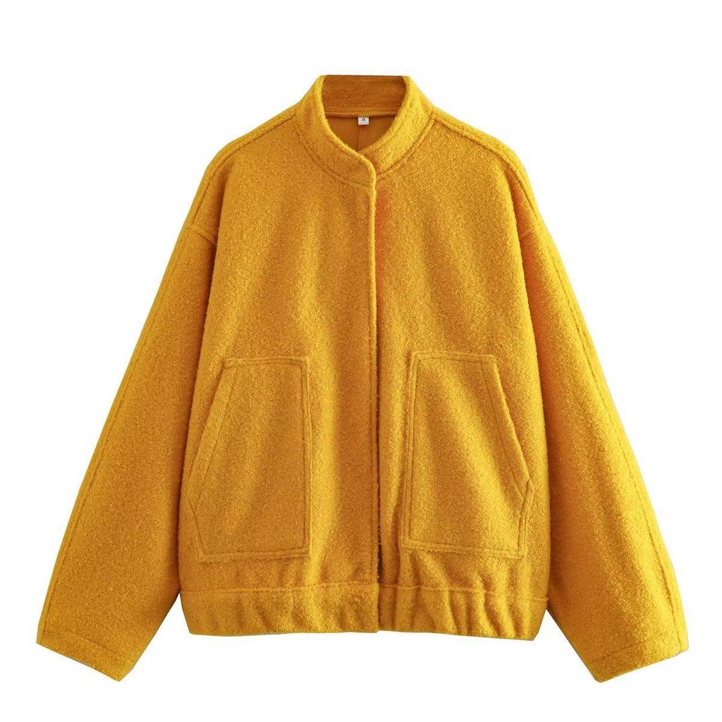 Women's European & American Stand Collar Solid Color Long Sleeve Jacket - Versatile Short Woolen Coat for Spring & Autumn.