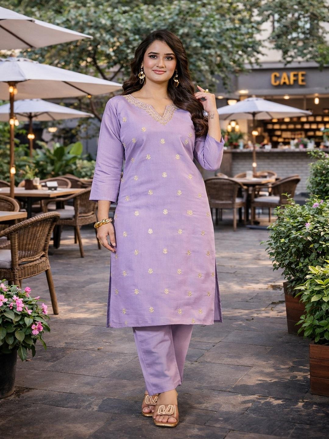 Женский фиолетовый шелковый комплект Kurta Pant в римском стиле | Вышитый 2-предметный индийский наряд L лавандовый