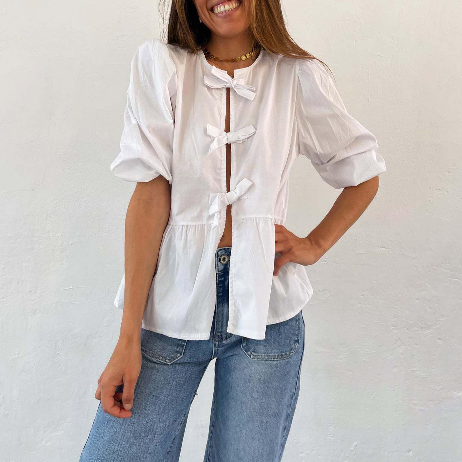 

Женская свободная повседневная рубашка из хлопка и льна, однотонная рубашка с короткими рукавами и v-образным вырезом с лацканами XL белый
