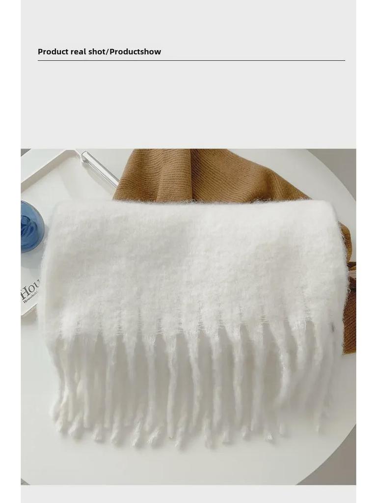 2024 Winter White Thick Solid Color Scarf for Girls - Korean Style, Versatile Student Shawl