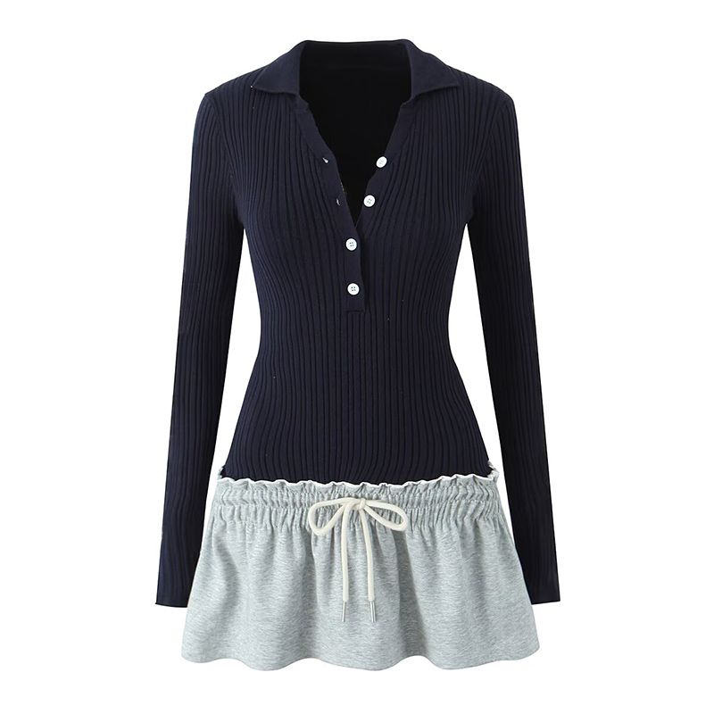 

Милое платье в американском университетском стиле, из шерстяного пэчворка, с эффектом двухслойности, модное, с высоким интеллектом, в спортивном стиле, короткое Navy blue gray Dress M