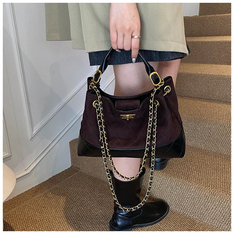 Brown Korean Style Quilted Suede Tote Bag with Adjustable Chain Strap