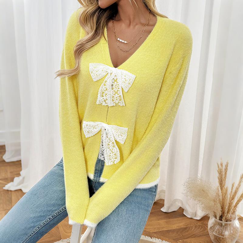 Women's V-neck Bowknot Knit Sweater - Autumn/Winter 2026 Collection