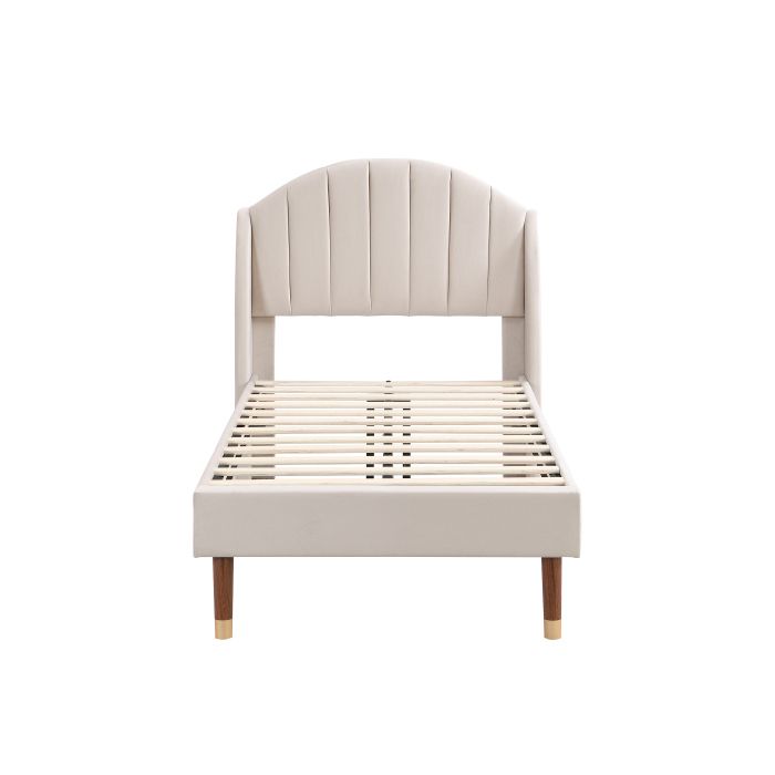 Lit rembourré - MUVOE - 90x200 cm - Velours beige - Sommier à lattes - 1 place