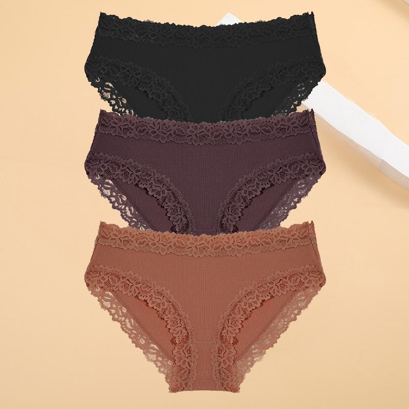 FINETOO 3 bucăți/set lenjerie de corp din bumbac pentru femei, sexy din dantelă, cu nervuri, cu flori, bikini, respirabil, solid, cu spatele în T, S-XL, chiloți sexy din dantelă