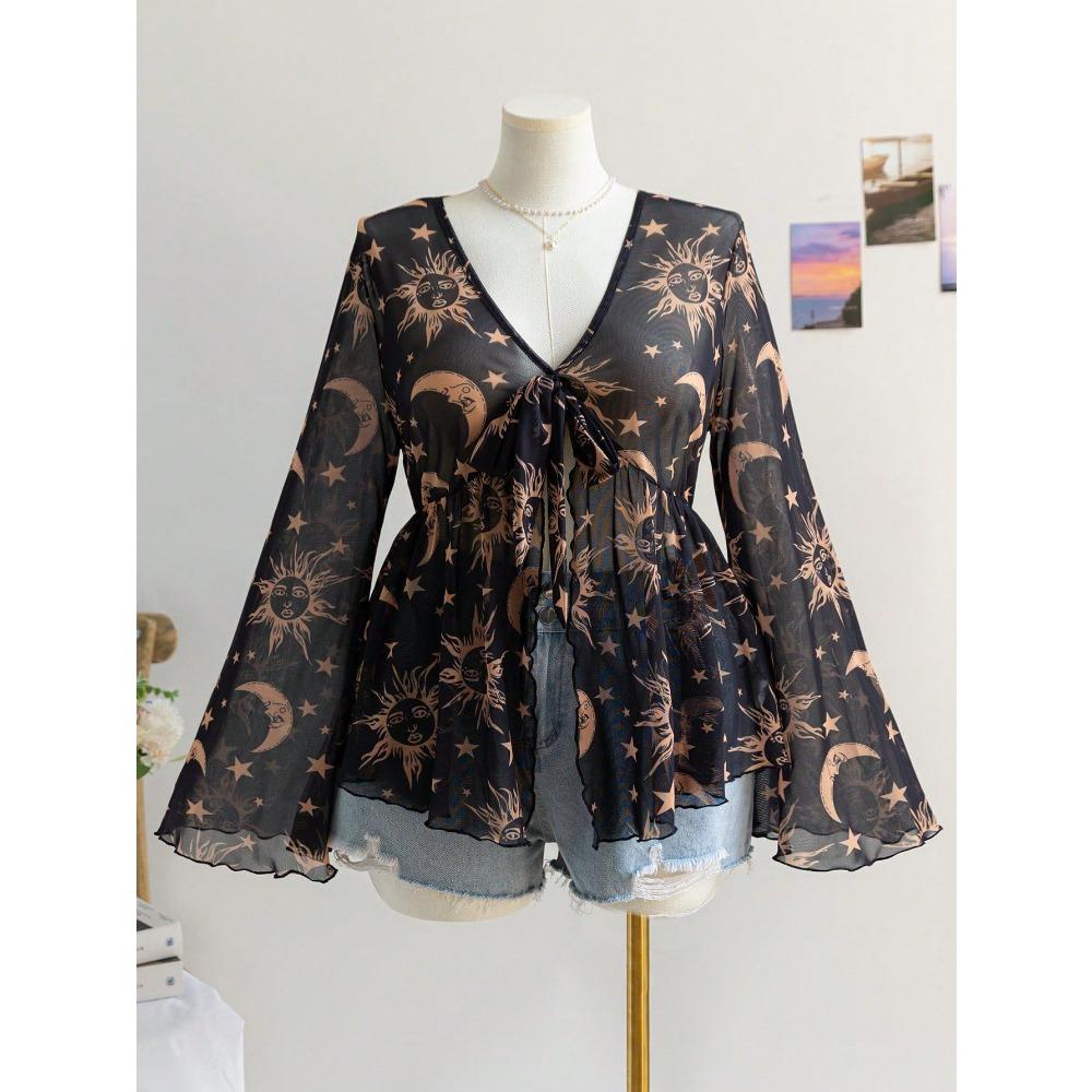 Top damski z dekoltem w serek, z nadrukiem w stylu wakacyjnym, z luźnymi rękawami rozszerzanymi