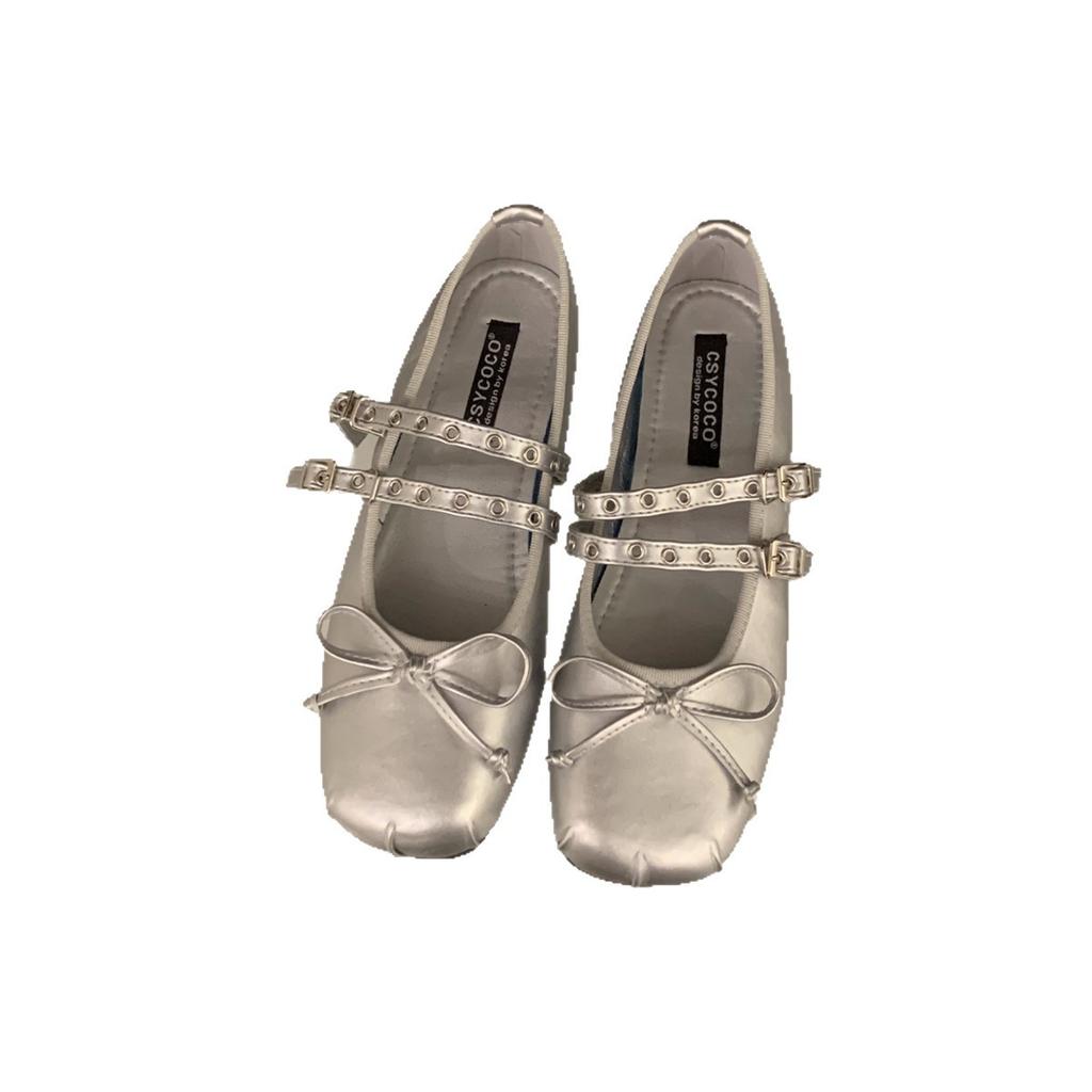 Retro Mary Jane Shoes Women's New Bow Buckle Belt Flat Bottom Inner Height Increase Single Shoes Ballet Leather Shoes