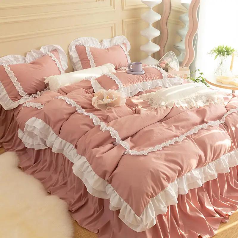Princess Ruffle Duvet Cover Set Bed Skirt Pillowcase Four Seasons 4pc Beddin Quilt Cover Sheet Double Bed Queen King