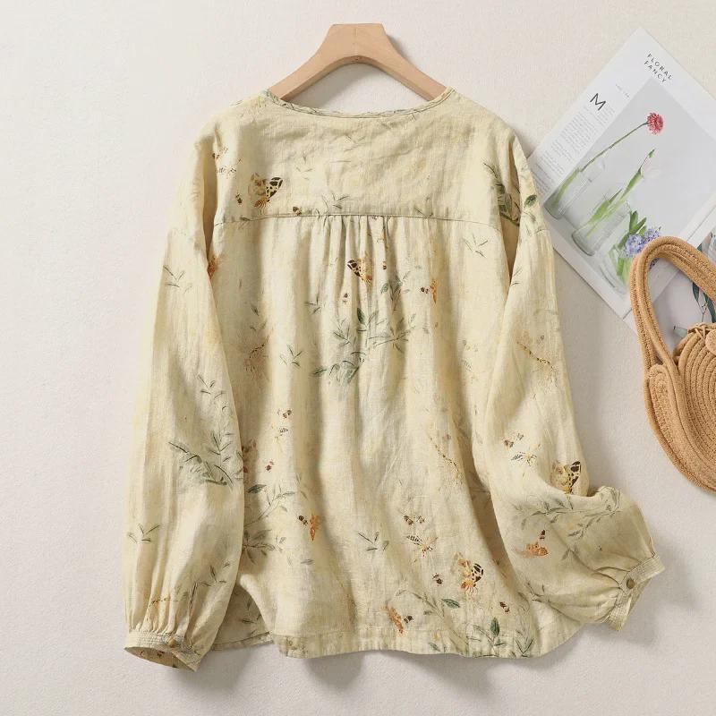 Women's Retro Chinese Style Long Sleeve Linen Shirt with Pan Kou Design