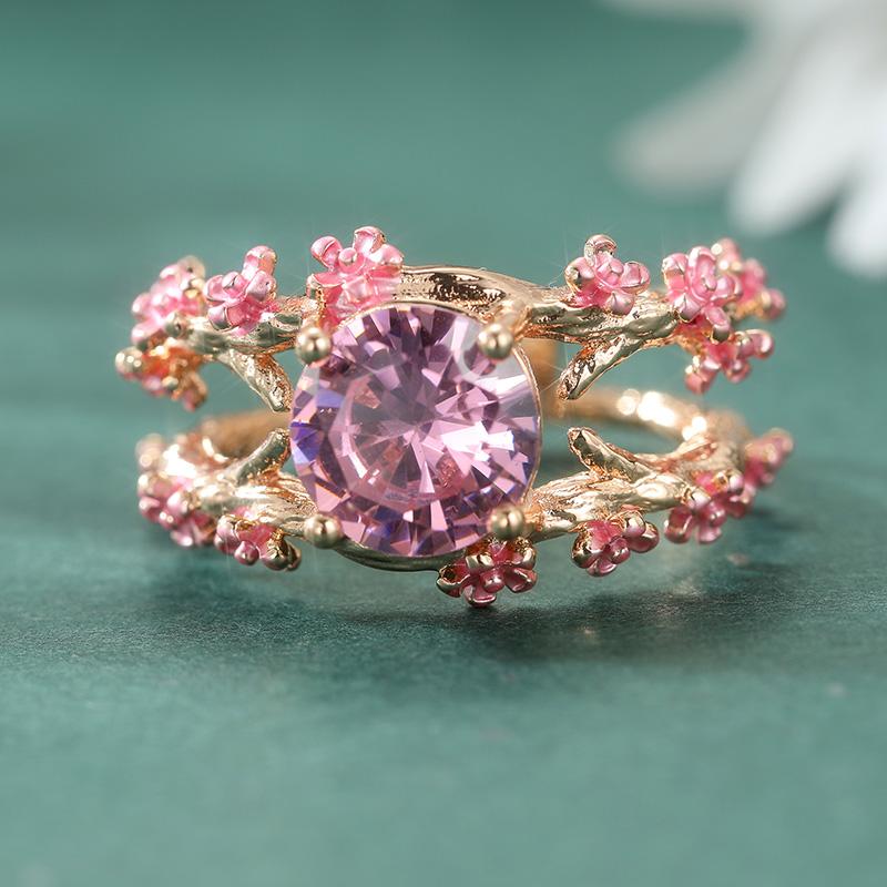 Vintage Inlaid Pink CZ Flower Women's Ring Aesthetic Gold Color Hand Carving Daily Wear Party Jewelry Anniversary Gift