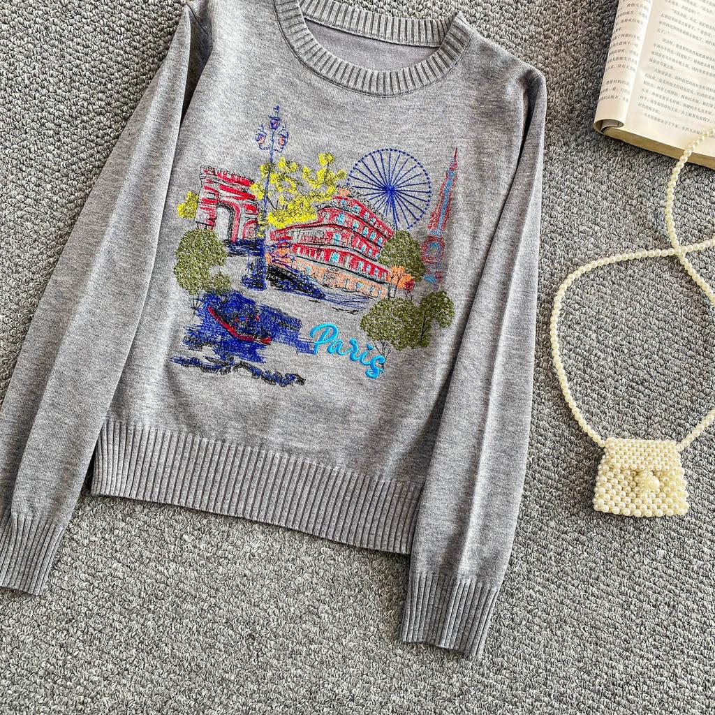 Autumn Winter Women O-neck Embroidery Flower Knitted Sweater Pullover Tops for School Girl