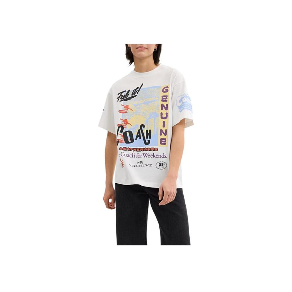 Coach Letter Pattern Loose Fit Round Neck Short Sleeve T-Shirt Unisex T-Shirts White CBD50-WHT