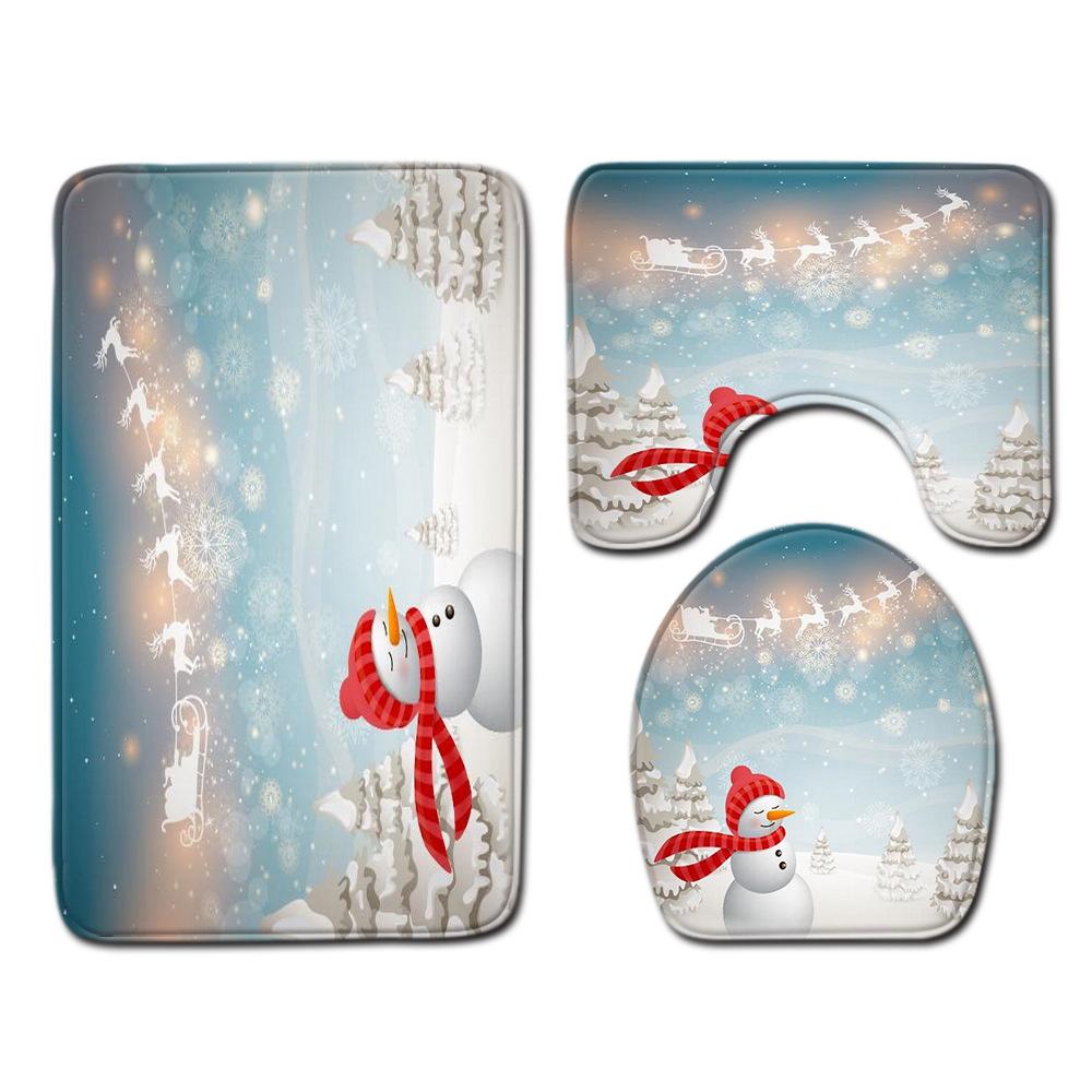 Christmas Home Door Mat Bathroom Toilet Shower Curtain Four-Piece Floor Mat Bedroom Absorbent Carpet