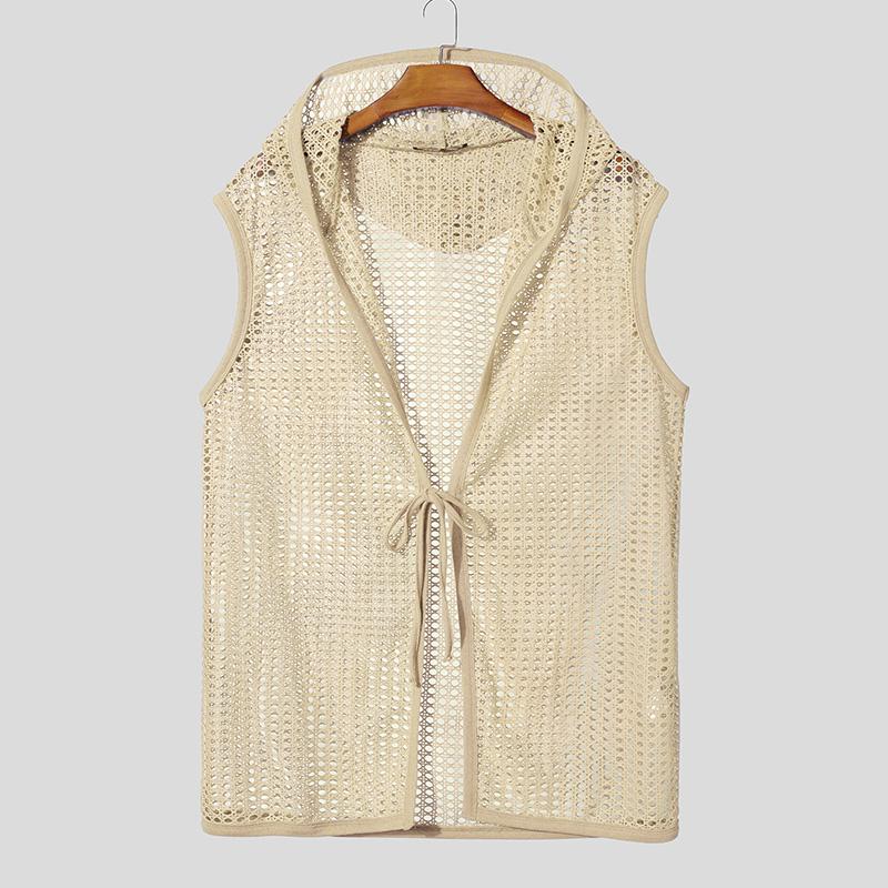 INCERUN Herren Mesh Durchsichtig Kapuzenweste Ärmellos Durchsichtig Strandurlaub Cardigan Tanktops