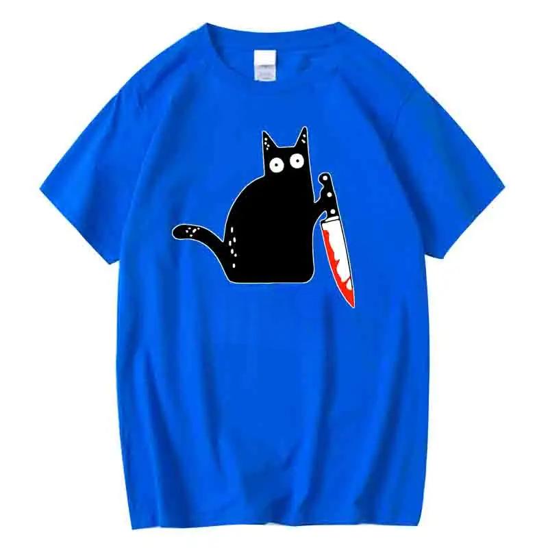 Funny Cartoon Knife Cat Printed T-Shirts Men Fashion Casual Short Sleeves Loose Breathable Pure Cotton T-shirts