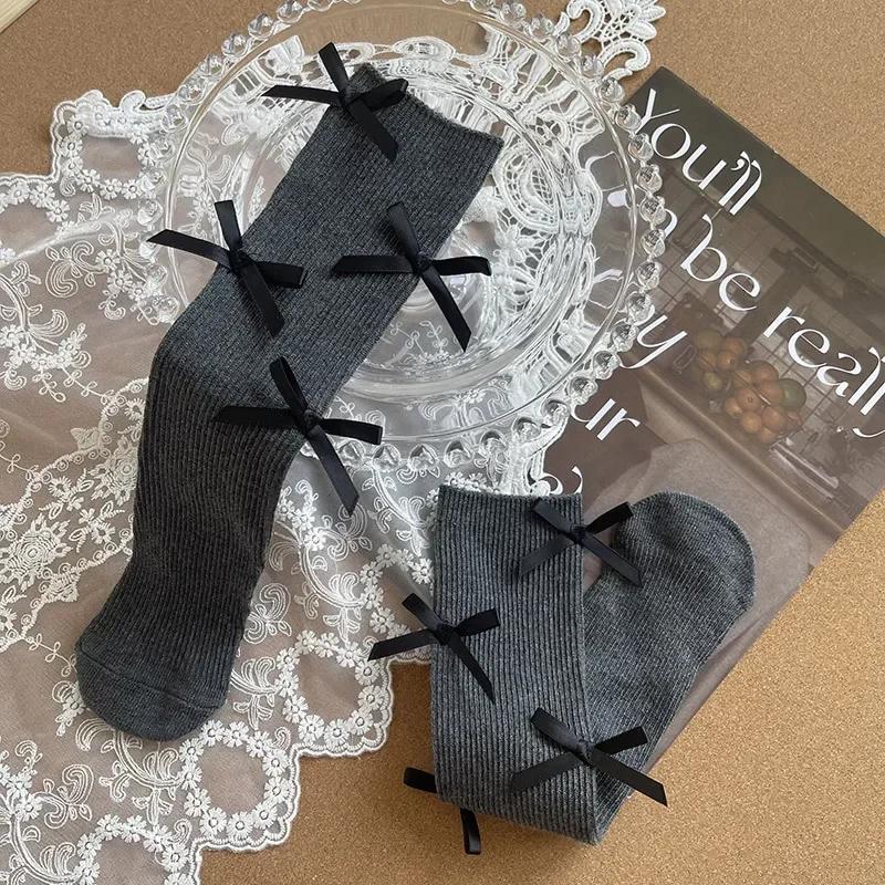 2 Pairs Girls Cotton Tube Socks With Cute Bow Vertical Striped Baby Stockings For Spring Autumn Winter New Arrival