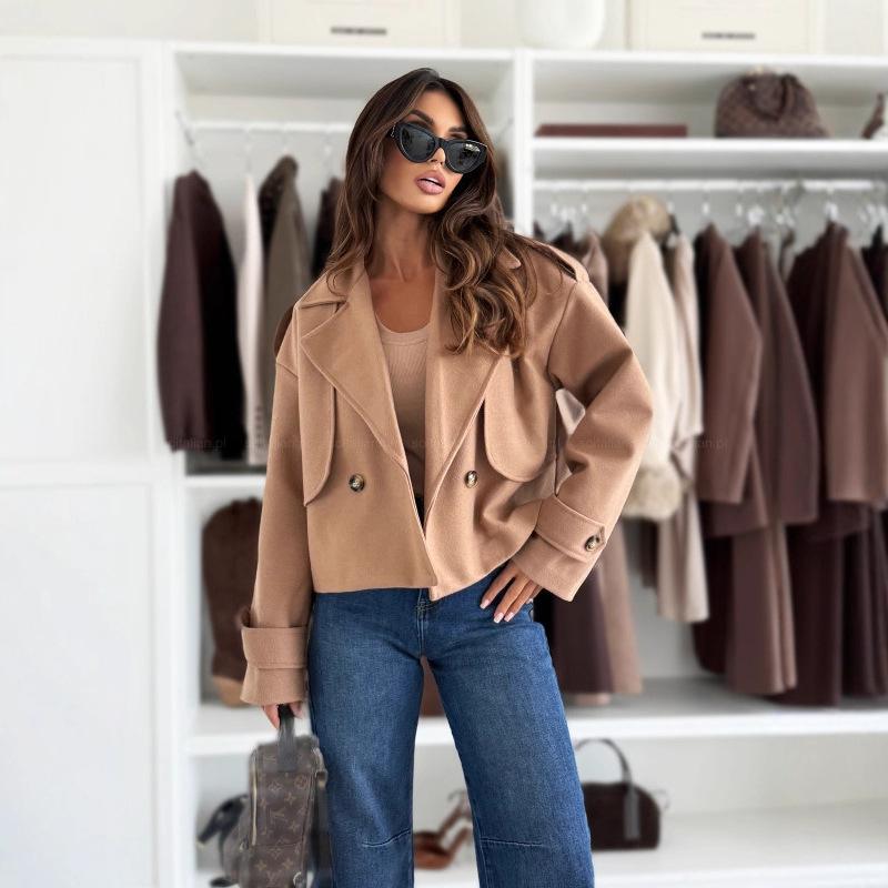 New in autumn and winter, solid color simple long-sleeved casual short woolen jacket women's clothing