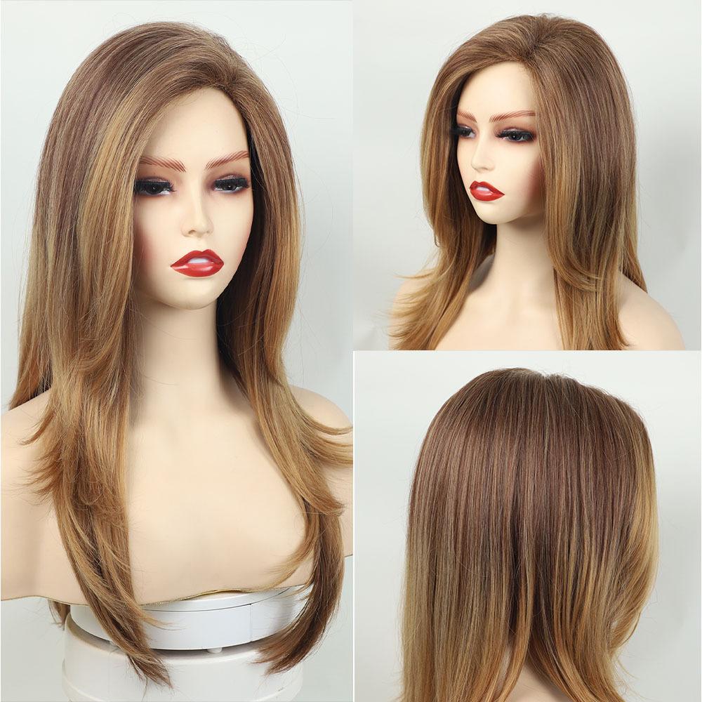 Ladies Fashion Long Straight Synthetic Wigs for Women Brown Blonde Ombre Wigs Heat Resistant Fiber Wigs for Daily Cosplay