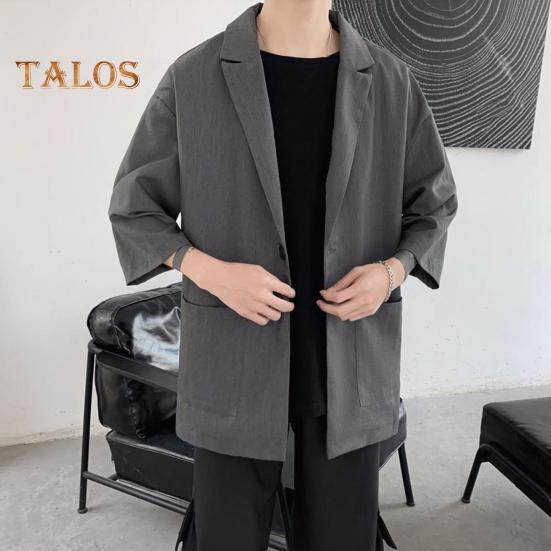 Men Suit Coat Solid Color Spring Summer Suit Jacket Single-Button Lapel Design 3/4 Sleeve Loose Fit Casual Business Outerwear