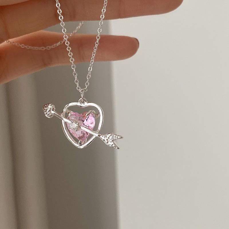 Korean Fashion Pink Crystal Heart Bow Tie Pendant Necklace Silver Color Chain Neck Necklace for Women Wedding Aesthetic Jewelry