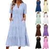 Women's Casual V Neck Dress with Gathered Puff Sleeves and Flared Hem Short Sleeve Midi Dress with Pockets