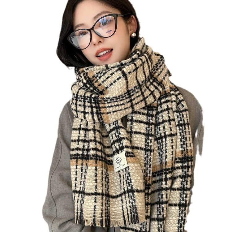 Houndstooth Bright Silk Scarf Warm Neck Winter Premium Plaid Knit Scarf
