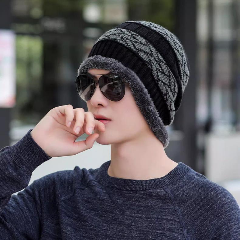 Men's Striped Woolen Hat Thick Hat Warm Winter Hat Versatile Anti Cold Cover Head and Neck Protection Cotton Hat for Men