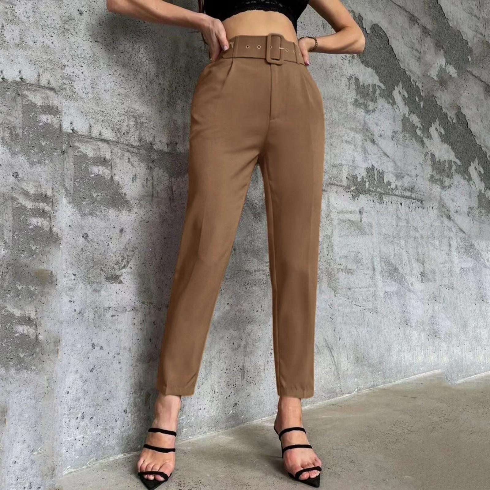 

Женские однотонные повседневные брюки, облегающий крой, пояс с отделкой, прямые брюки с узором «девять точек» XXXL коричневый