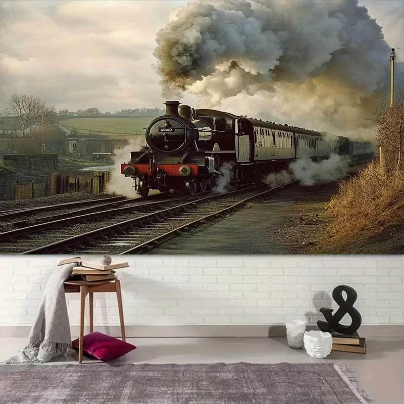 2D Black Steam Locomotive Backdrop Old Countryside Railway Photo Booth Background