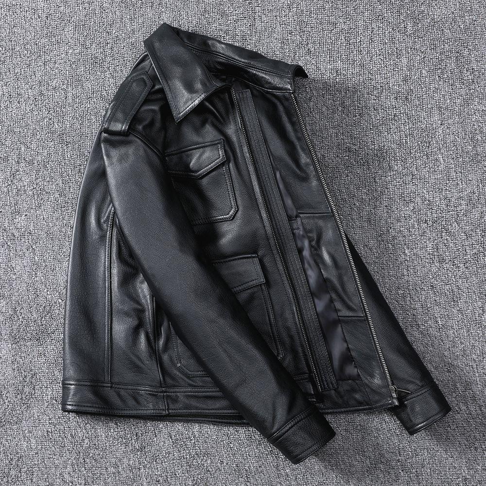 Pure Cowhide Genuine Leather Leather Jacket for Men Motorcycle Short Lapel Multi-pocket Leather Jacket